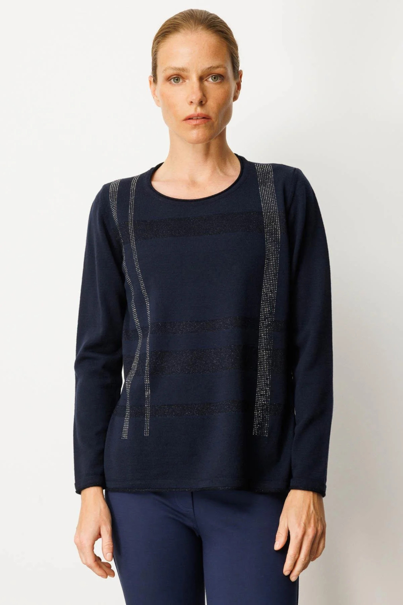 Desen Triko Kadın Sıfır Yaka Sim Çizgili Taşlı Yün Bluz 25026 Koyu Lacivert Koyu Lacivert