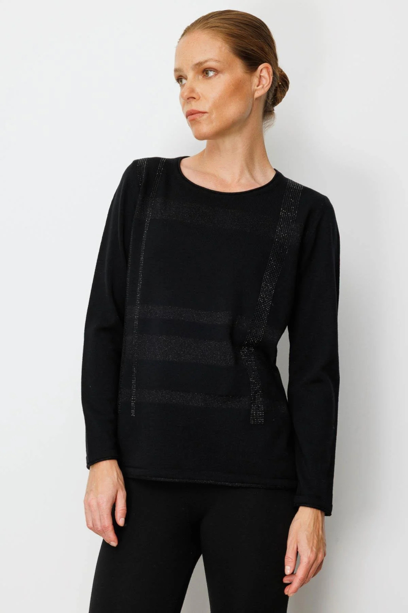 Desen Triko Kadın Sıfır Yaka Sim Çizgili Taşlı Yün Bluz 25026 Siyah Siyah