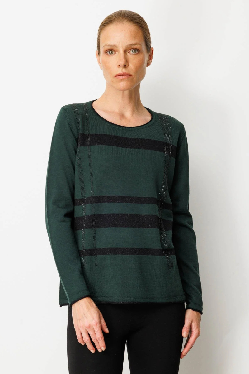 Desen Triko Kadın Sıfır Yaka Sim Çizgili Taşlı Yün Bluz 25026 Yeşil Yeşil