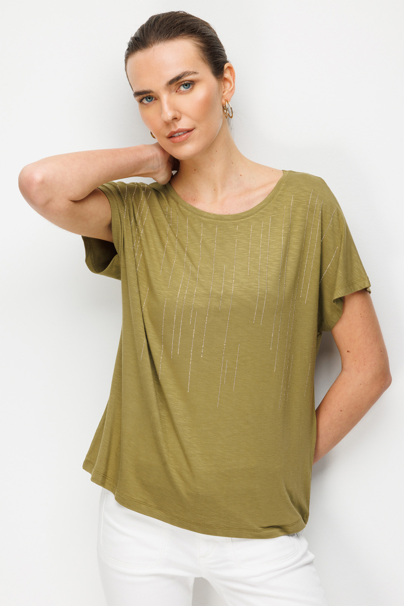 Desen Triko Kadın Sıfır Yaka Su Yolu Taşlı Düşük Kollu Penye T-Shirt 26833 Haki Haki