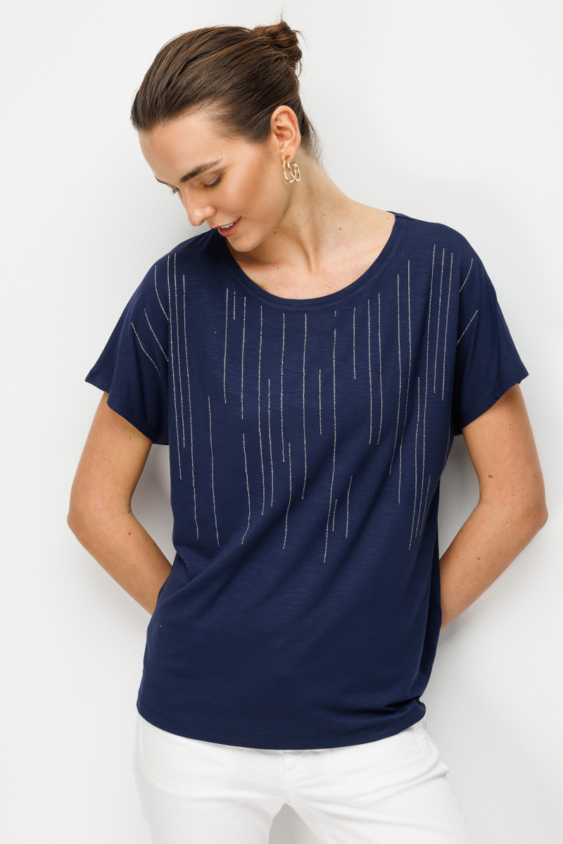 Desen Triko Kadın Sıfır Yaka Su Yolu Taşlı Düşük Kollu Penye T-Shirt 26833 Lacivert Lacivert