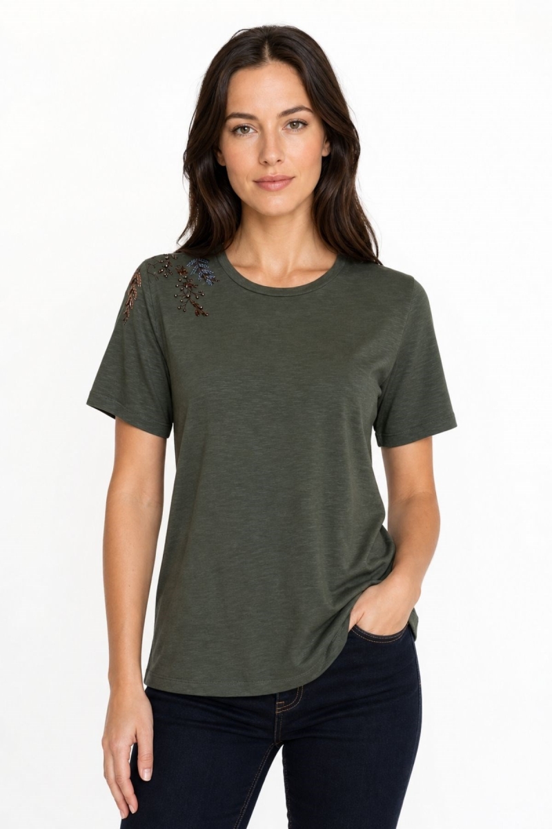 Desen Triko Kadın Sıfır Yaka Tek Omzu Nakışlı Penye T-Shirt 26701 Haki Haki