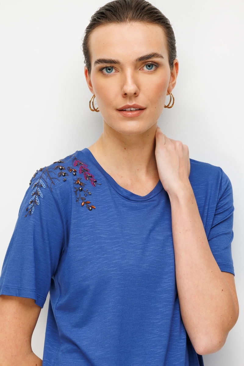Desen Triko Kadın Sıfır Yaka Tek Omzu Nakışlı Penye T-Shirt 26701 Indigo Indigo
