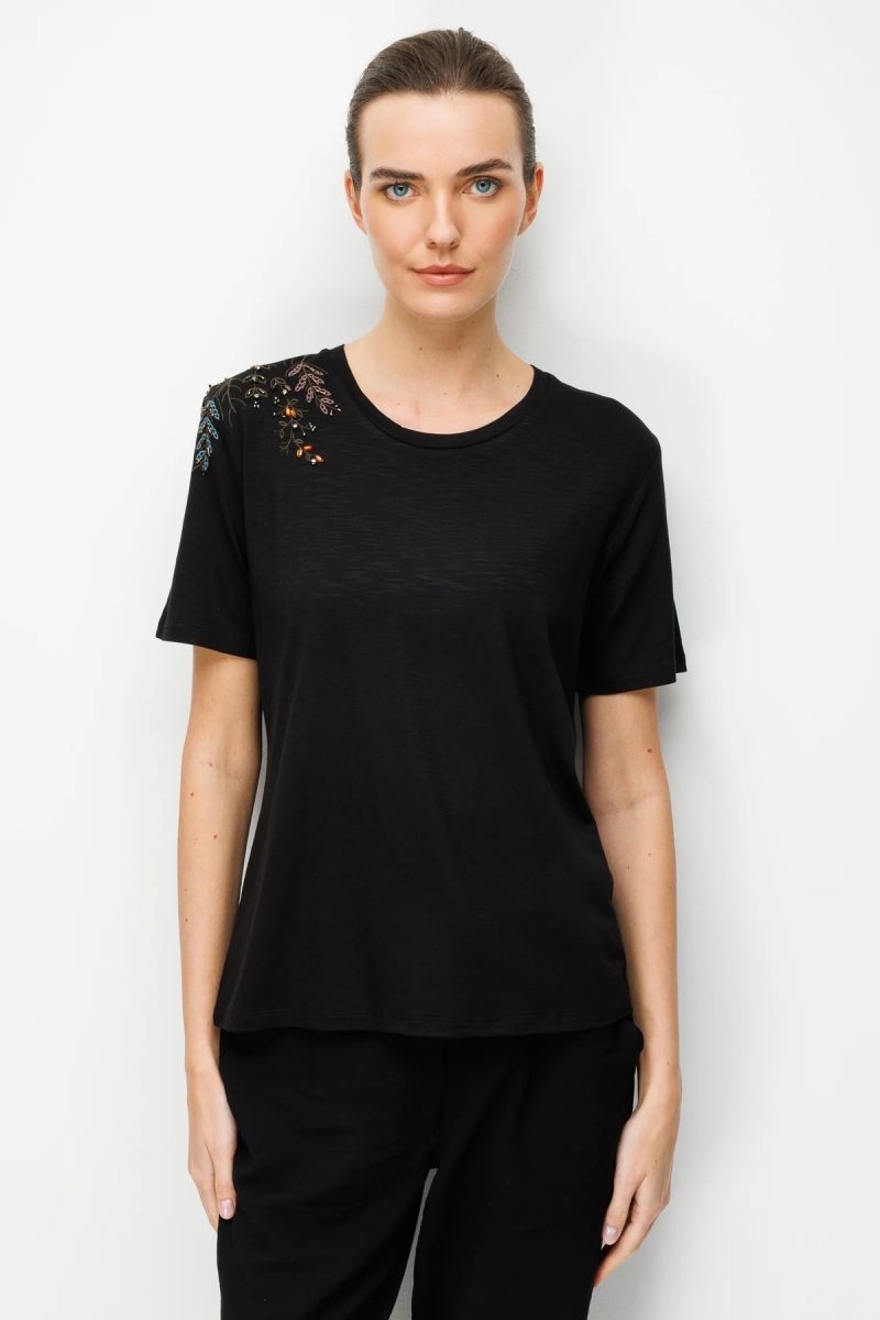Desen Triko Kadın Sıfır Yaka Tek Omzu Nakışlı Penye T-Shirt 26701 Siyah Siyah