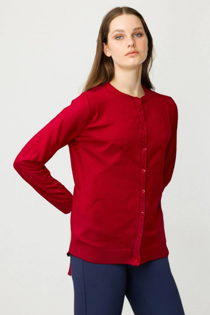 Desen Triko Kadın Sıfır Yaka Triko Yün Hırka 21031 K.Kırmızı K.KIRMIZI