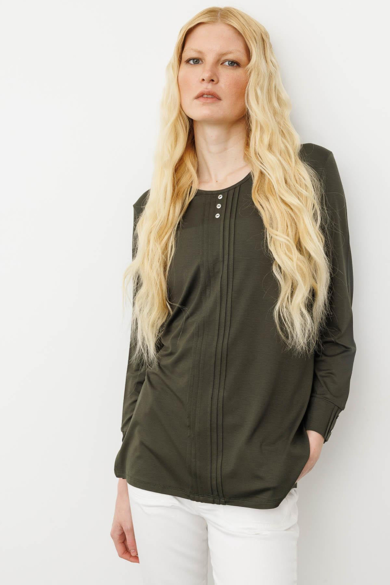 Desen Triko Kadın Sıfır Yaka Uzun Kollu Penye Bluz 25767 Haki Haki