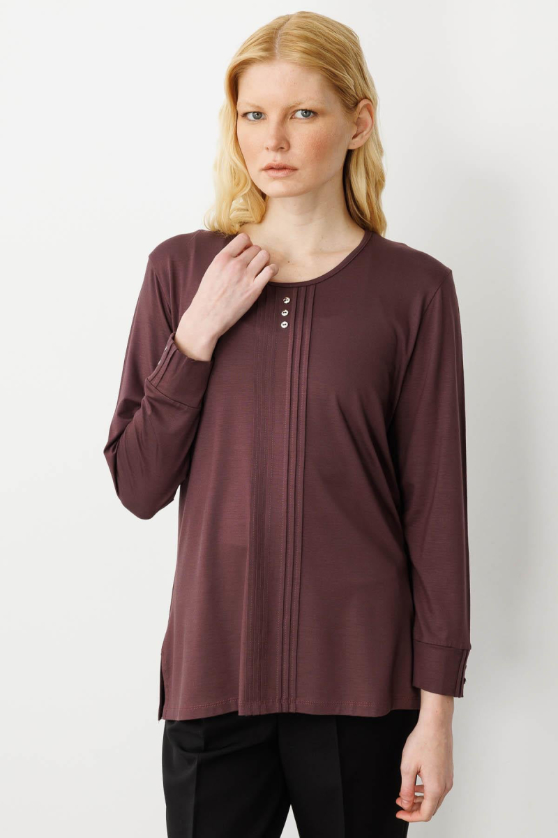 Desen Triko Kadın Sıfır Yaka Uzun Kollu Penye Bluz 25767 Kahverengi Kahverengi