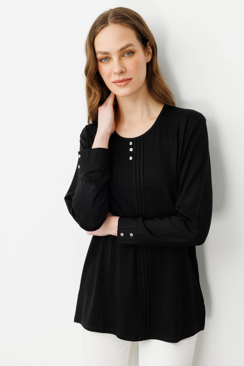 Desen Triko Kadın Sıfır Yaka Uzun Kollu Penye Bluz 25767 Siyah Siyah