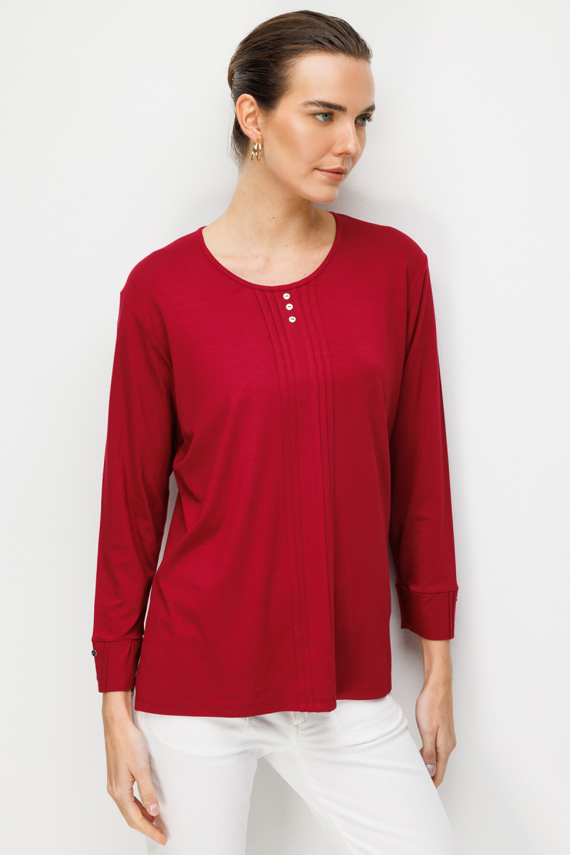 Desen Triko Kadın Sıfır Yaka Uzun Kollu Penye Bluz 25767 Vişne Vişne