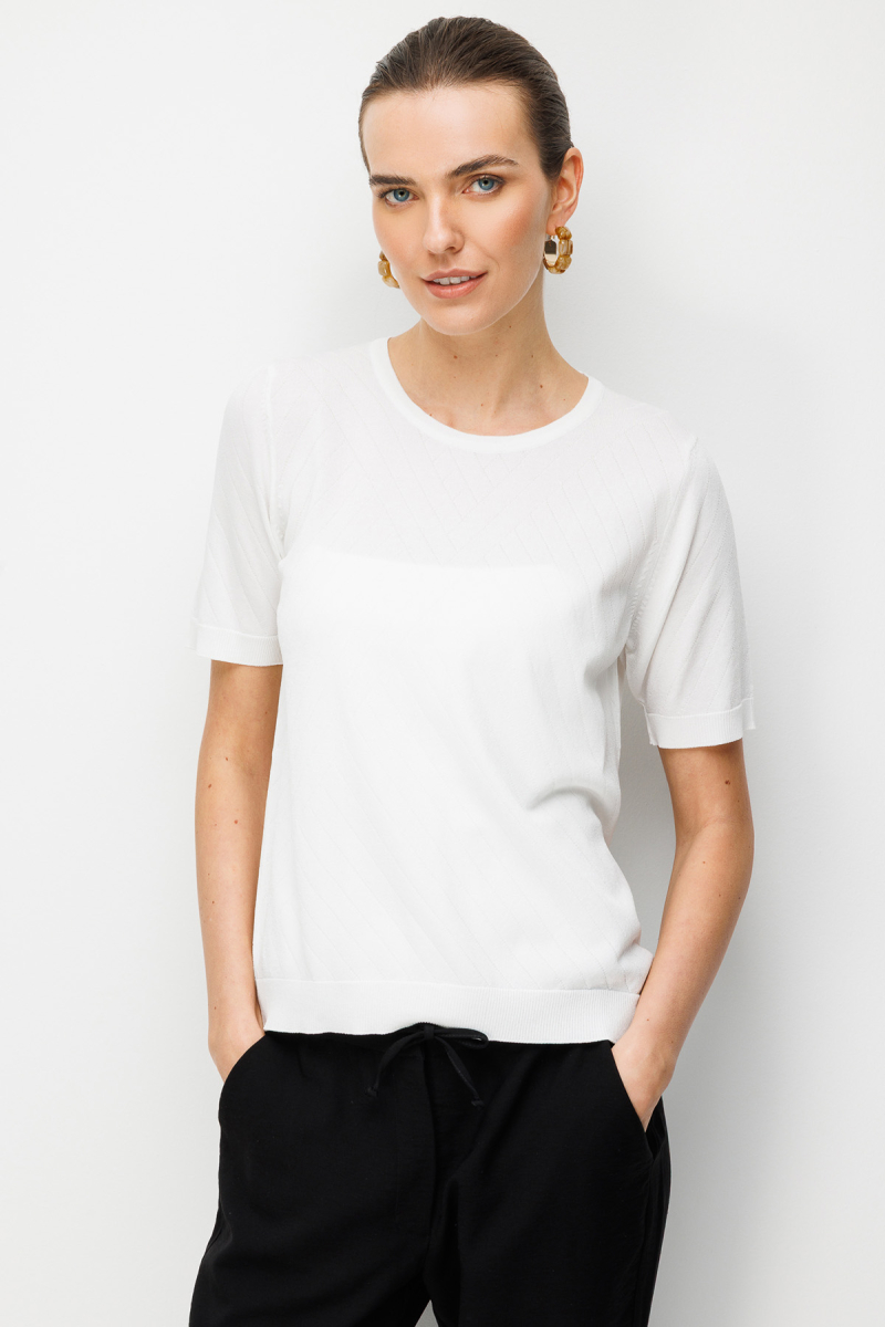 Desen Triko Kadın Sıfır Yaka Verev Çizgili Yanı Düğmeli İnce Triko Bluz 26367 Kemik Kemik