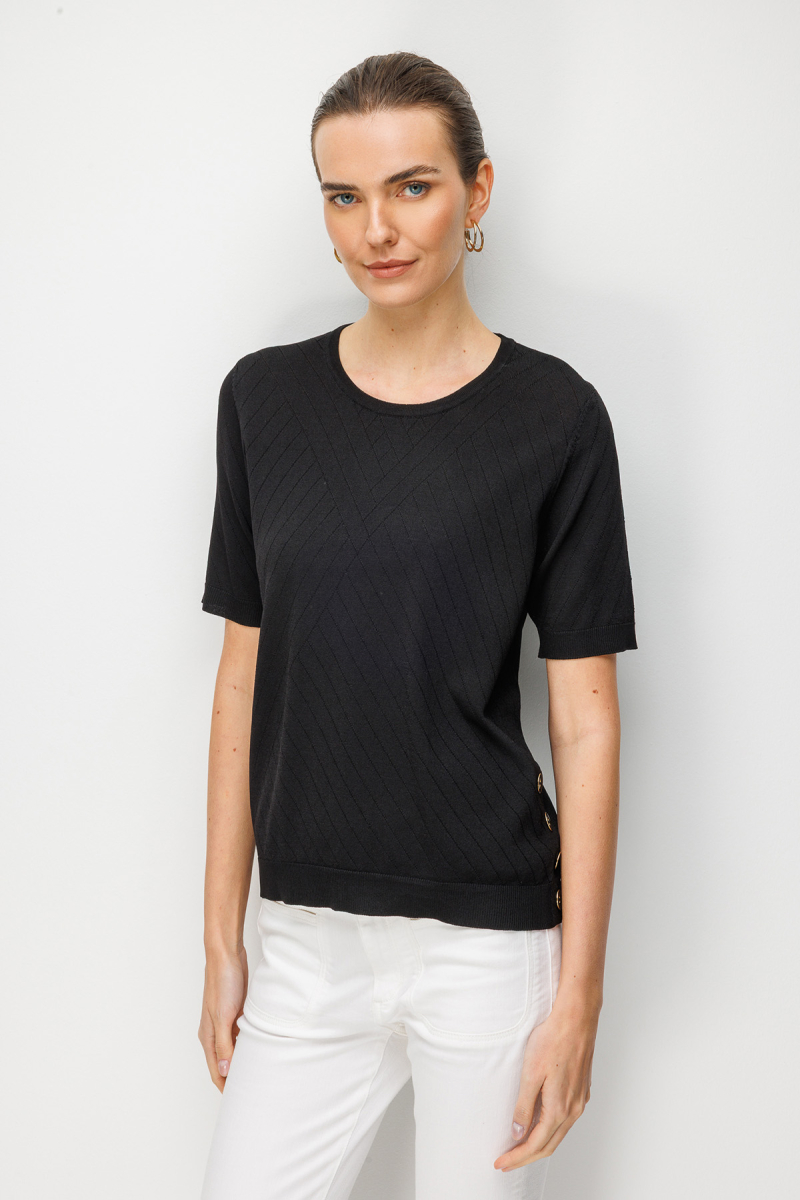 Desen Triko Kadın Sıfır Yaka Verev Çizgili Yanı Düğmeli İnce Triko Bluz 26367 Siyah Siyah