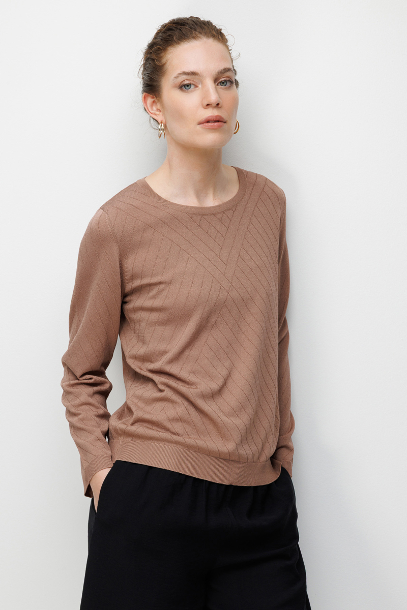 Desen Triko Kadın Sıfır Yaka Verev Çizgili Yanı Düğmeli Uzun Kollu İnce Triko Bluz 26372 Mocha MOCHA