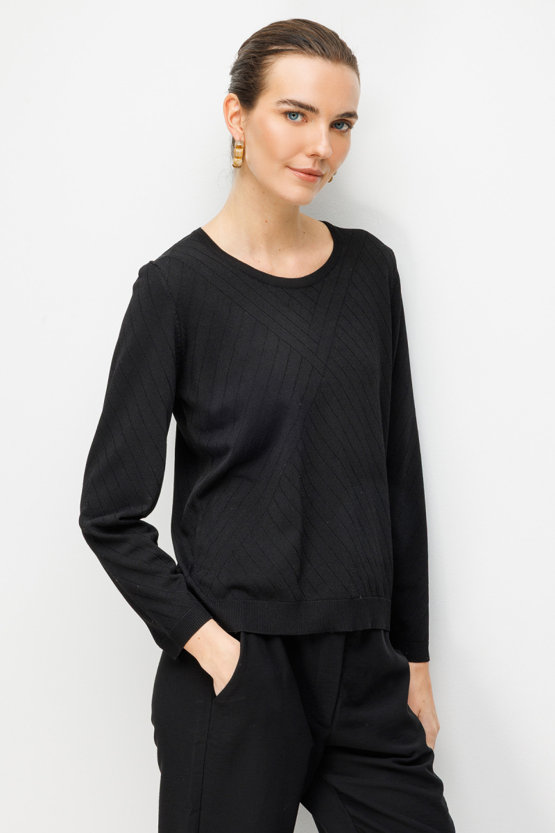 Desen Triko Kadın Sıfır Yaka Verev Çizgili Yanı Düğmeli Uzun Kollu İnce Triko Bluz 26372 Siyah Siyah