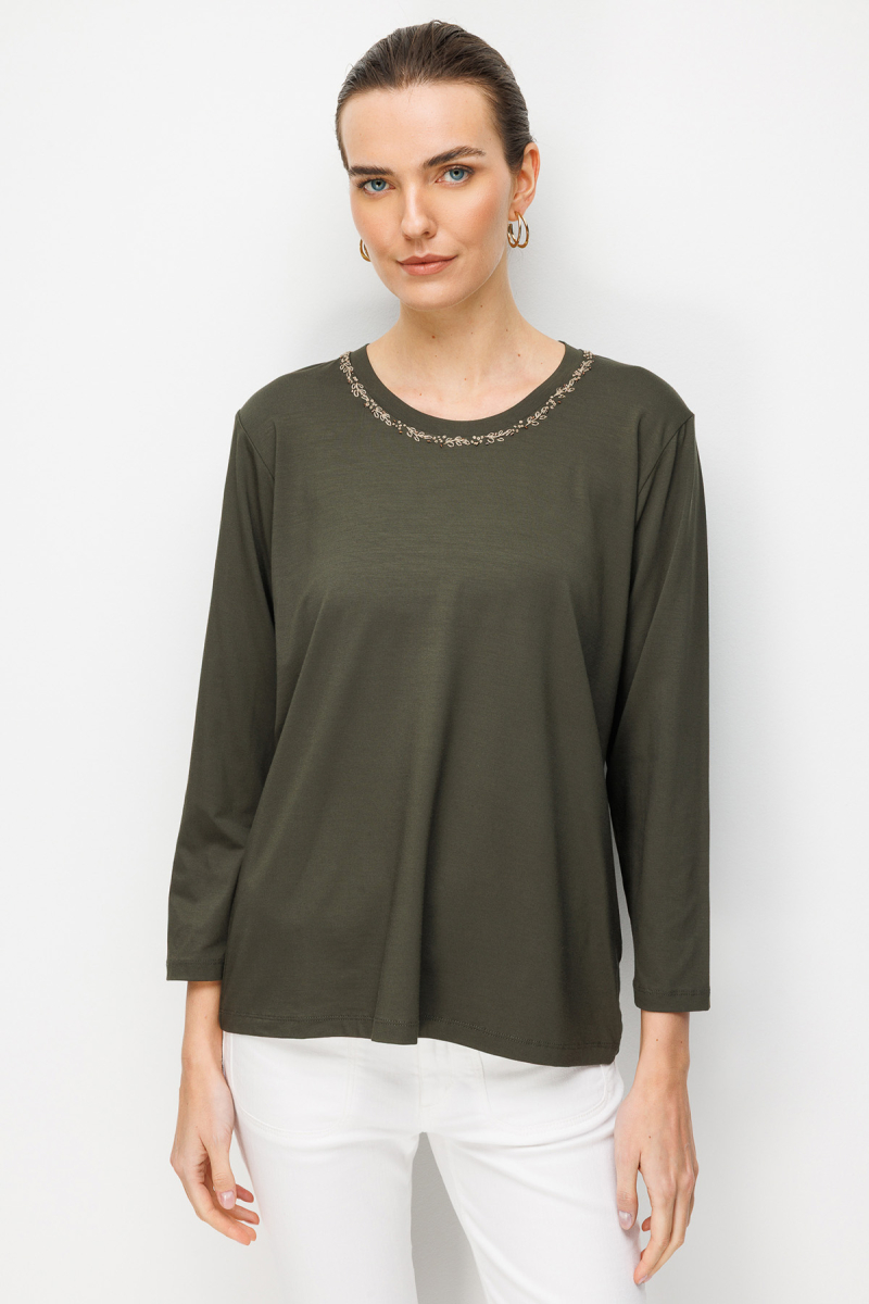 Desen Triko Kadın Sıfır Yaka Yaka Kenarı İşlemeli Penye Bluz 26705 Haki Haki