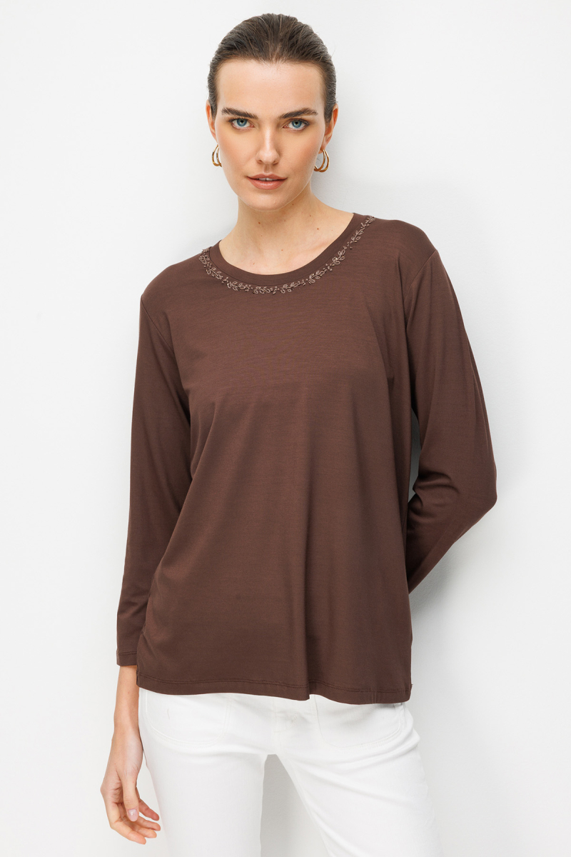 Desen Triko Kadın Sıfır Yaka Yaka Kenarı İşlemeli Penye Bluz 26705 Koyu Kahve KOYU KAHVE