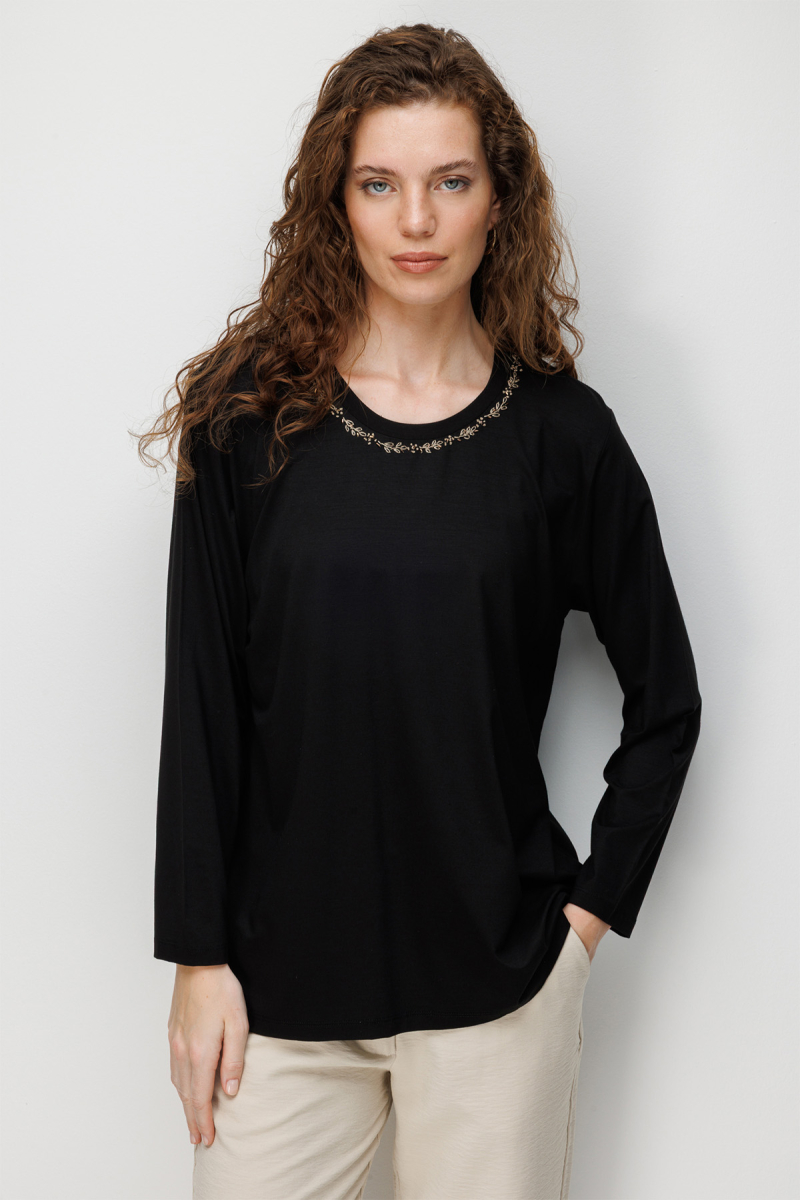 Desen Triko Kadın Sıfır Yaka Yaka Kenarı İşlemeli Penye Bluz 26705 Siyah Siyah