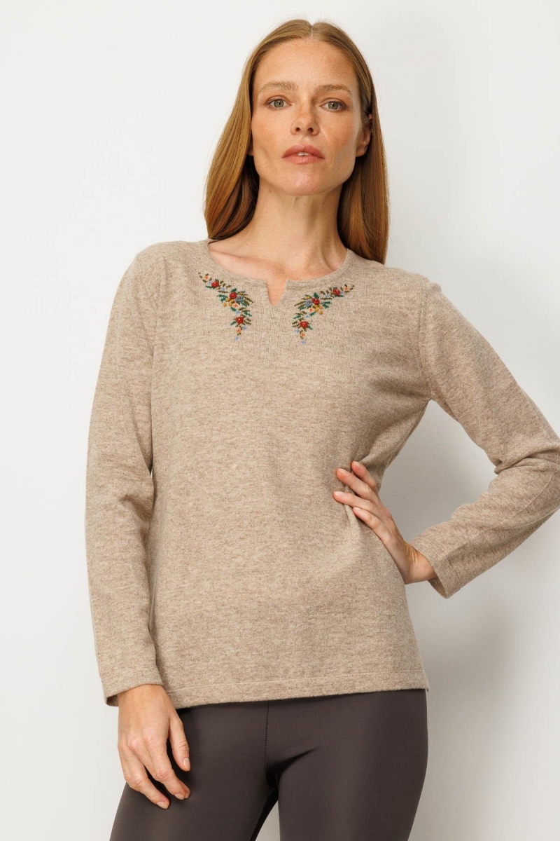 Desen Triko Kadın Sıfır Yaka Yaka Kenarı İşlemeli Yün Bluz 25036 Bej Bej