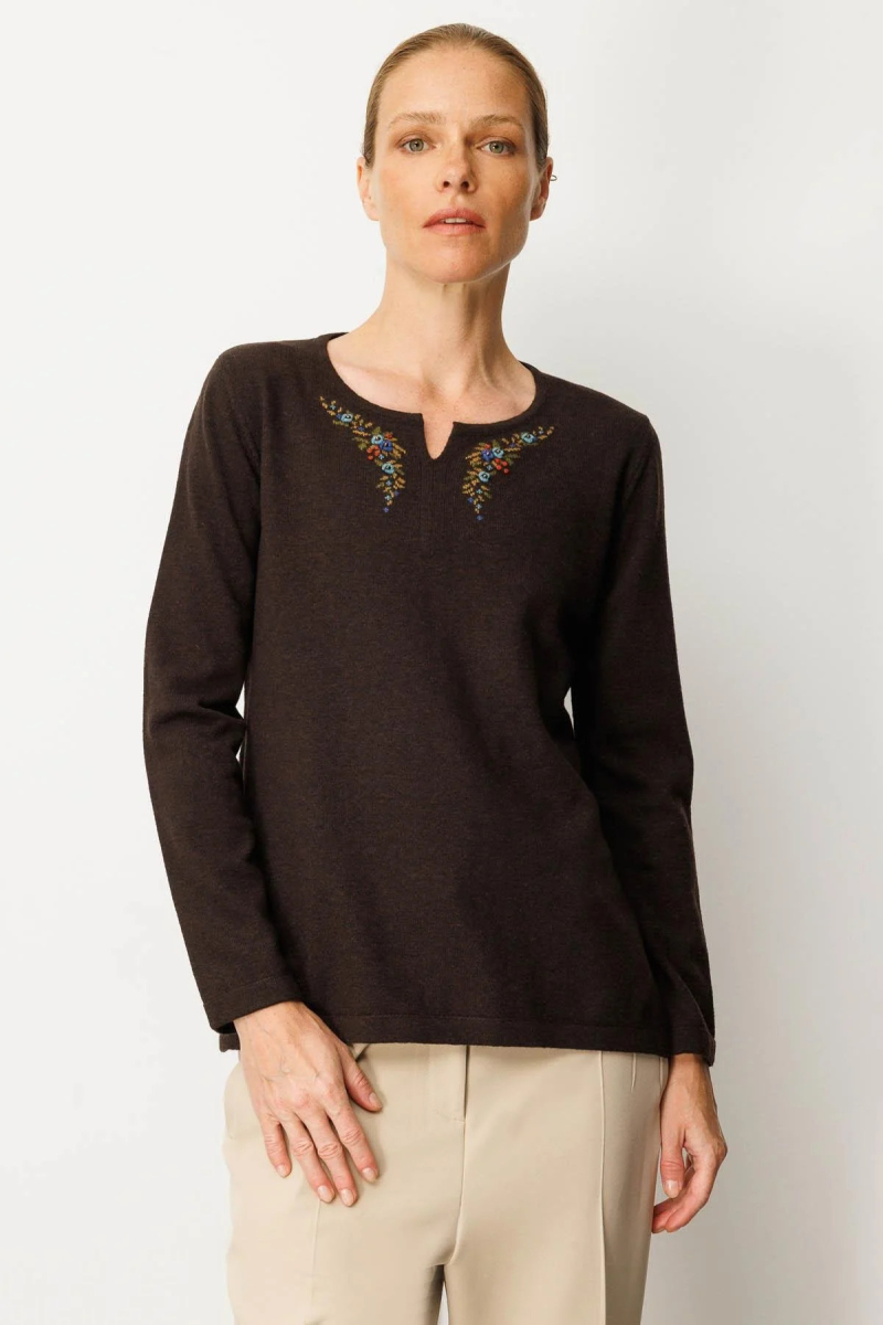 Desen Triko Kadın Sıfır Yaka Yaka Kenarı İşlemeli Yün Bluz 25036 Koyu Kahve KOYU KAHVE