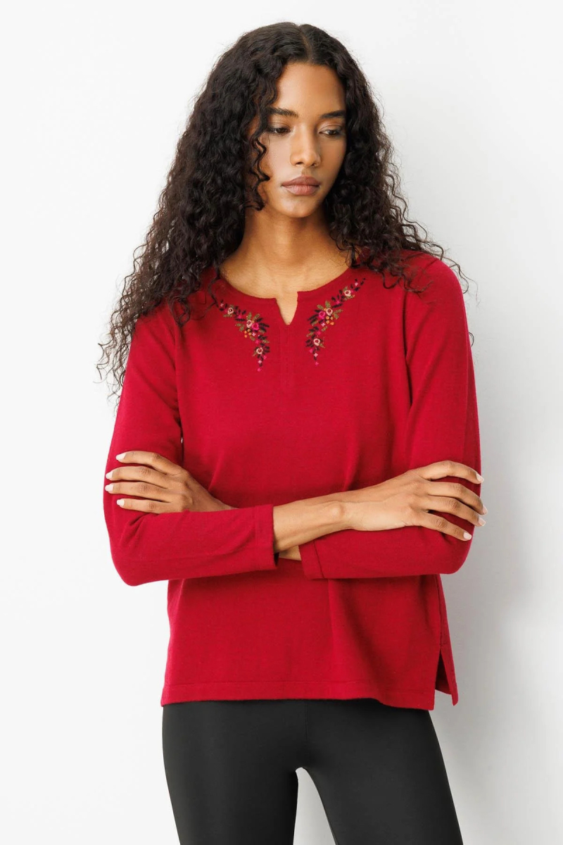 Desen Triko Kadın Sıfır Yaka Yaka Kenarı İşlemeli Yün Bluz 25036 Vişne Çürüğü VİŞNE ÇÜRÜĞÜ