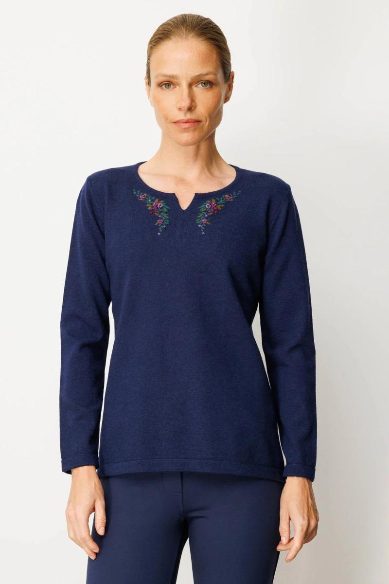 Desen Triko Kadın Sıfır Yaka Yaka Kenarı İşlemeli Yün Bluz 25036 Y.A. Lacivert Y.A. LACİVERT