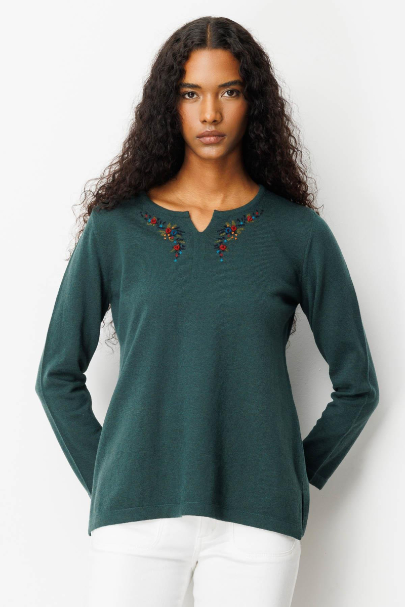 Desen Triko Kadın Sıfır Yaka Yaka Kenarı İşlemeli Yün Bluz 25036 Yeşil Yeşil