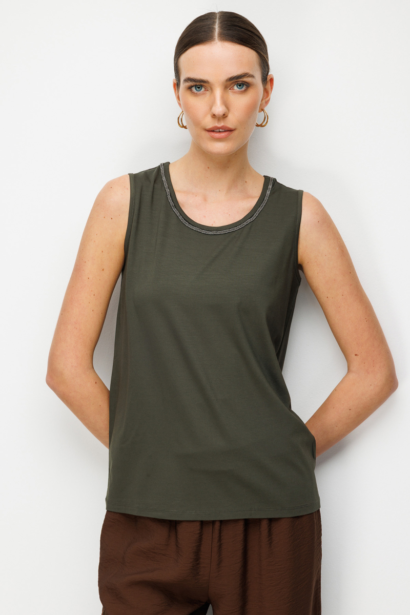 Desen Triko Kadın Sıfır Yaka Yaka Kenarı Zincirli Askılı Penye T-Shirt 26708 Haki Haki