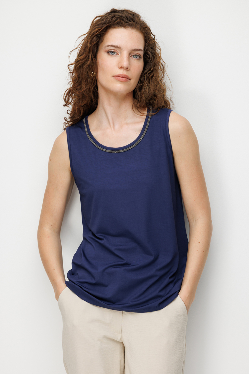 Desen Triko Kadın Sıfır Yaka Yaka Kenarı Zincirli Askılı Penye T-Shirt 26708 Lacivert Lacivert