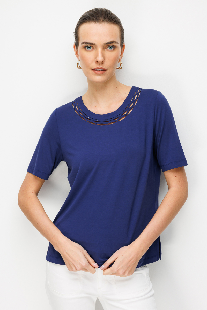 Desen Triko Kadın Sıfır Yaka Yakası Çift Şeritli Taşlı Penye T-Shirt 26840 Lacivert Lacivert