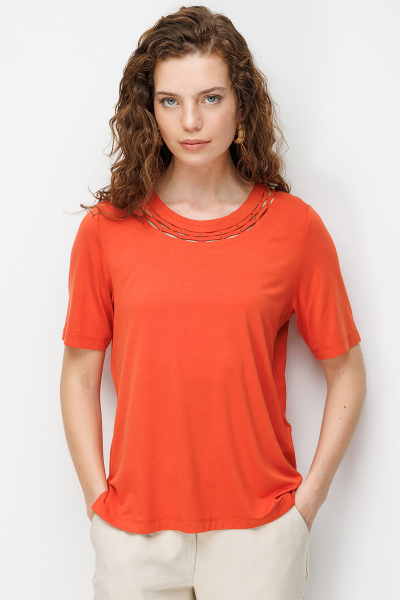 Desen Triko Kadın Sıfır Yaka Yakası Çift Şeritli Taşlı Penye T-Shirt 26840 Oranj Oranj
