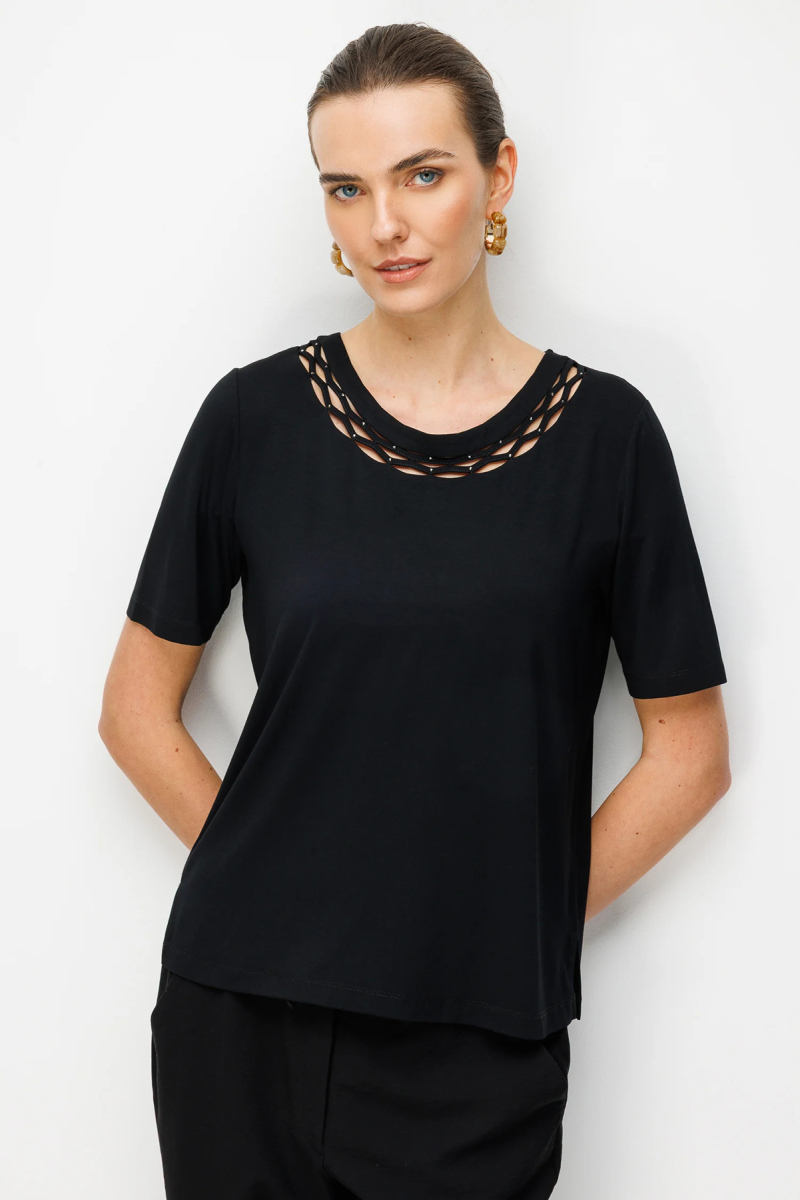 Desen Triko Kadın Sıfır Yaka Yakası Çift Şeritli Taşlı Penye T-Shirt 26840 Siyah Siyah