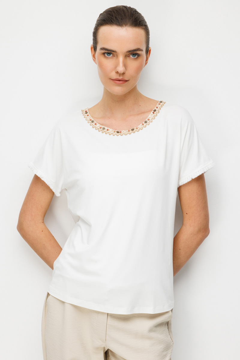 Desen Triko Kadın Sıfır Yaka Yakası Hasır Aksesuarlı Penye T-Shirt 26819 Ekru Ekru