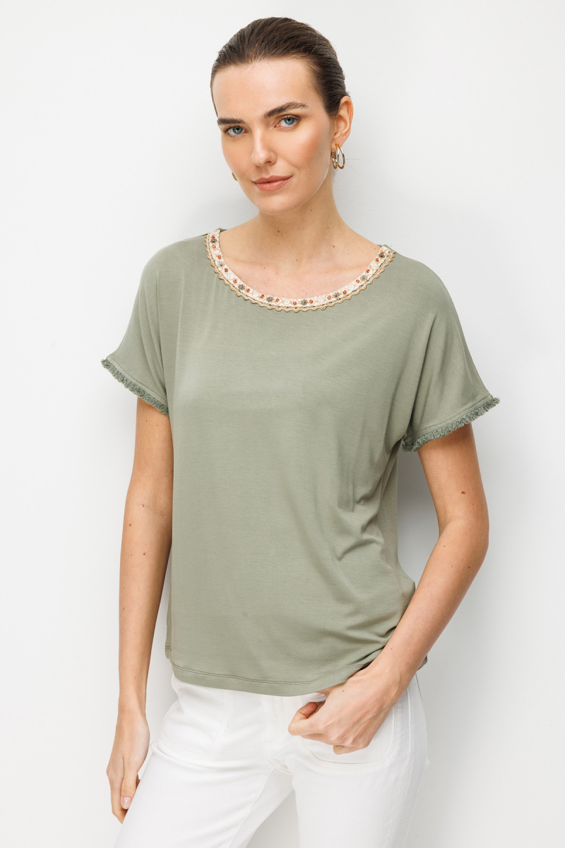 Desen Triko Kadın Sıfır Yaka Yakası Hasır Aksesuarlı Penye T-Shirt 26819 Haki Haki