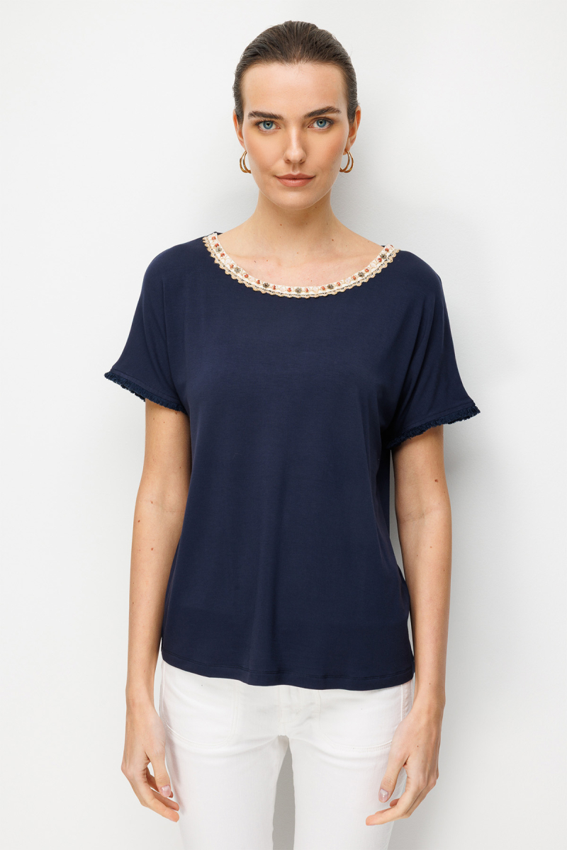 Desen Triko Kadın Sıfır Yaka Yakası Hasır Aksesuarlı Penye T-Shirt 26819 Lacivert Lacivert
