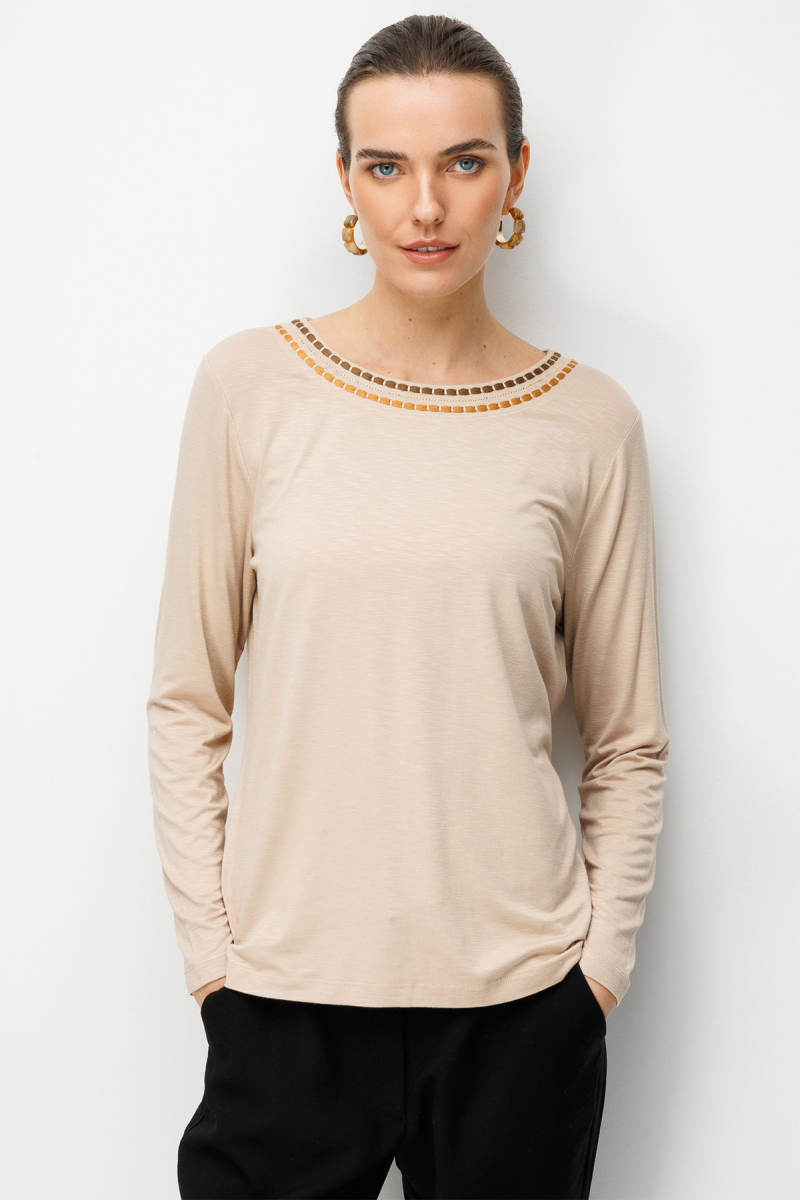 Desen Triko Kadın Sıfır Yaka Yakası İki Renkli İşlemeli Taşlı Penye Bluz 26848 Bej Bej