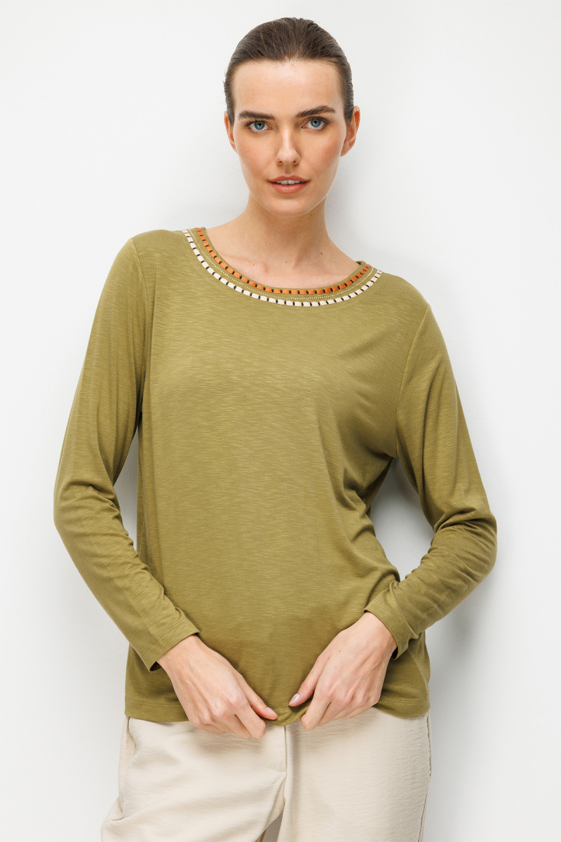 Desen Triko Kadın Sıfır Yaka Yakası İki Renkli İşlemeli Taşlı Penye Bluz 26848 Haki Haki