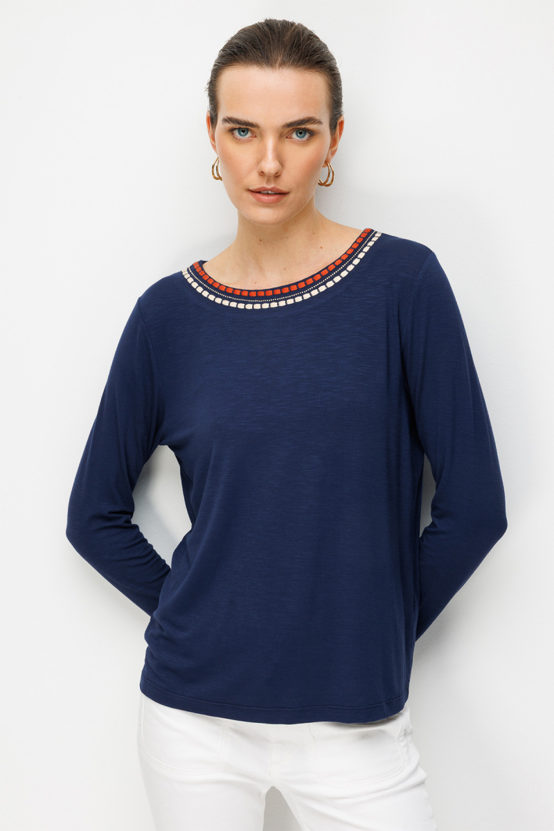 Desen Triko Kadın Sıfır Yaka Yakası İki Renkli İşlemeli Taşlı Penye Bluz 26848 Lacivert Lacivert