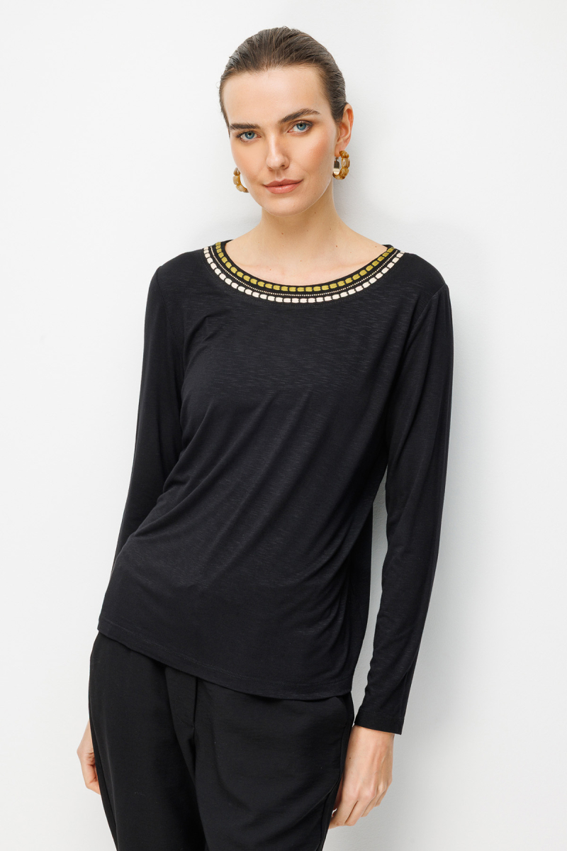 Desen Triko Kadın Sıfır Yaka Yakası İki Renkli İşlemeli Taşlı Penye Bluz 26848 Siyah Siyah