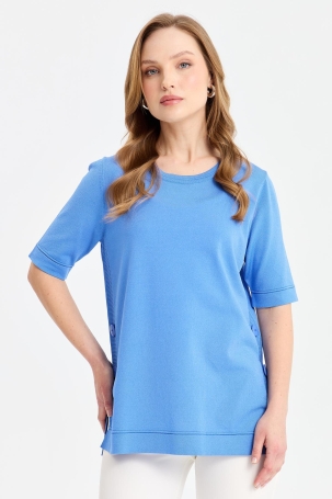 Desen Triko Kadın Sıfır Yaka Yanı Düğmeli İnce Triko Bluz 24350 Mavi Mavi