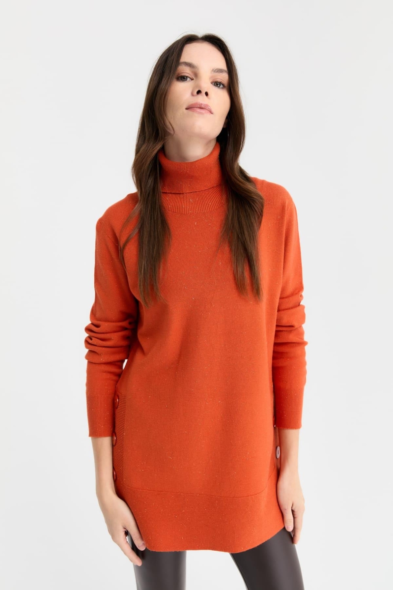 Desen Triko Kadın Tam Balıkçı Yaka Dikişsiz Kazak 23391 Portakal Portakal