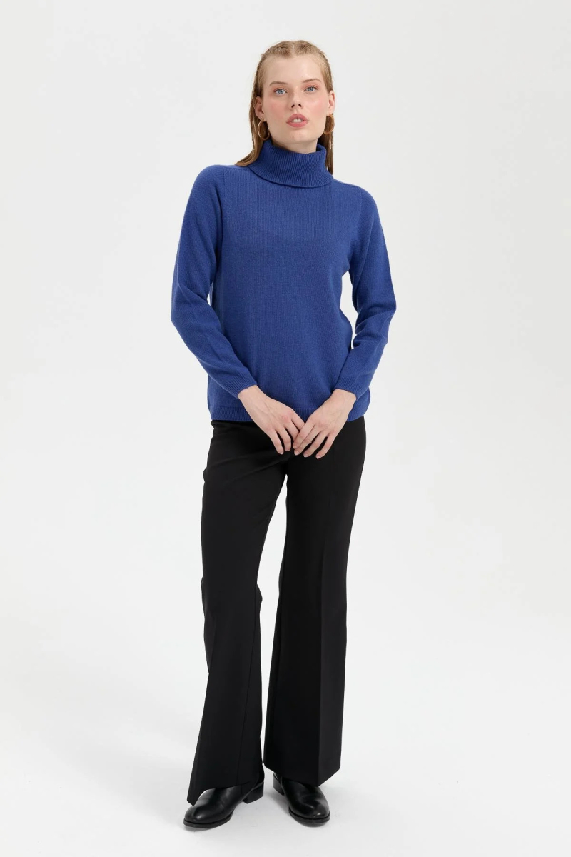 Desen Triko Kadın Tam Balıkçı Yaka Klasik Yün Kazak 23164 Mavi Mavi