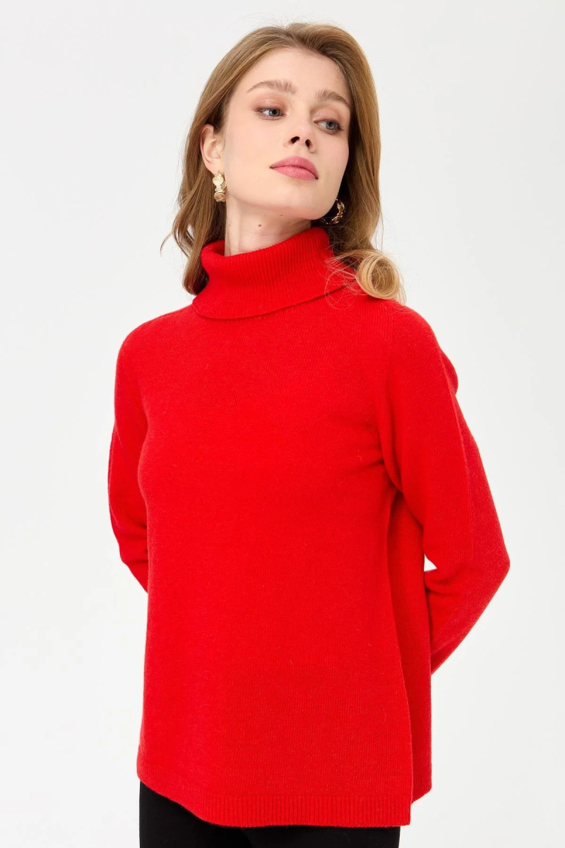 Desen Triko Kadın Tam Balıkçı Yaka Klasik Yün Kazak 23164 Mercan Mercan