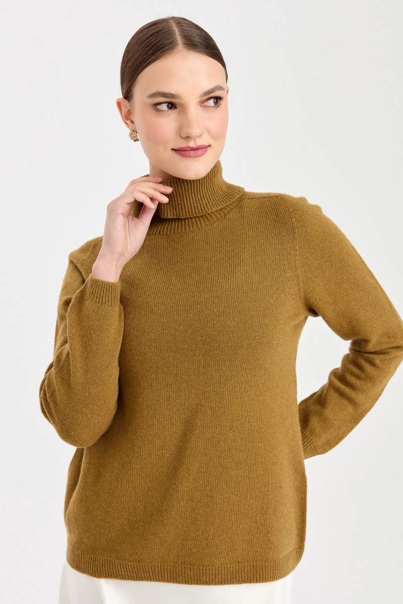 Desen Triko Kadın Tam Balıkçı Yaka Klasik Yün Kazak 23164 O.Haki O.HAKİ