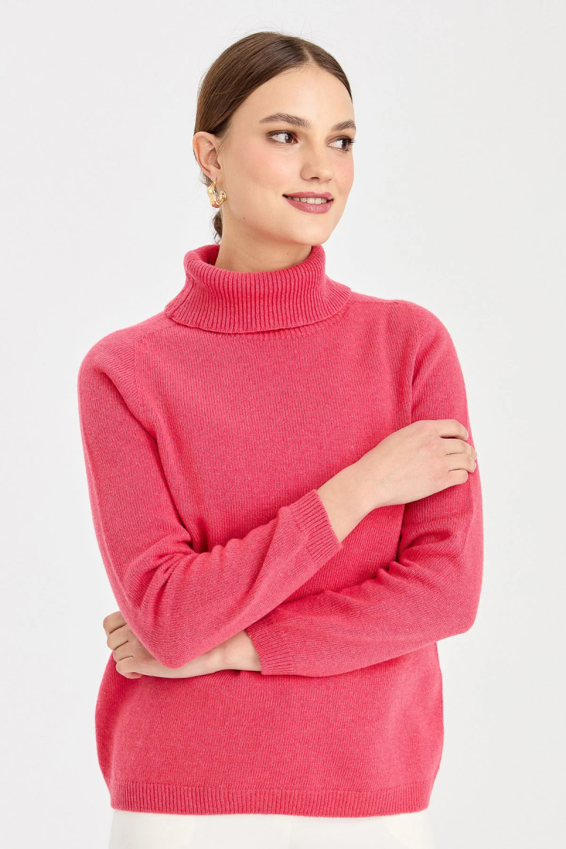 Desen Triko Kadın Tam Balıkçı Yaka Klasik Yün Kazak 23164 Şeker Pembe Şeker Pembe