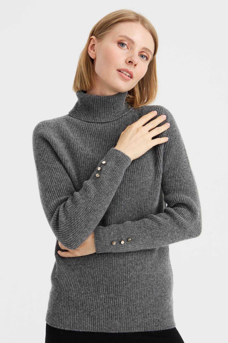 Desen Triko Kadın Tam Balıkçı Yaka Kol Ucu Düğmeli Yün Kazak 23159 Füme Füme