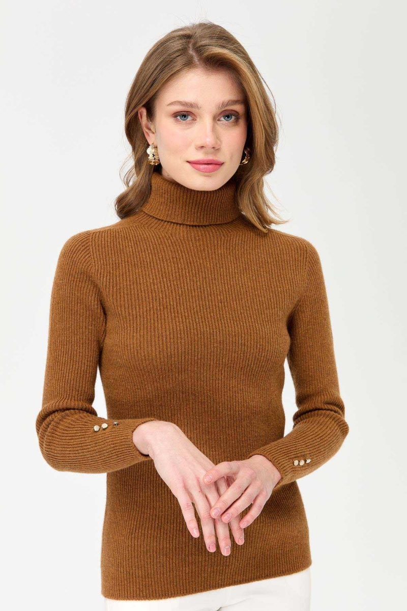 Desen Triko Kadın Tam Balıkçı Yaka Kol Ucu Düğmeli Yün Kazak 23159 K.Taba K.TABA