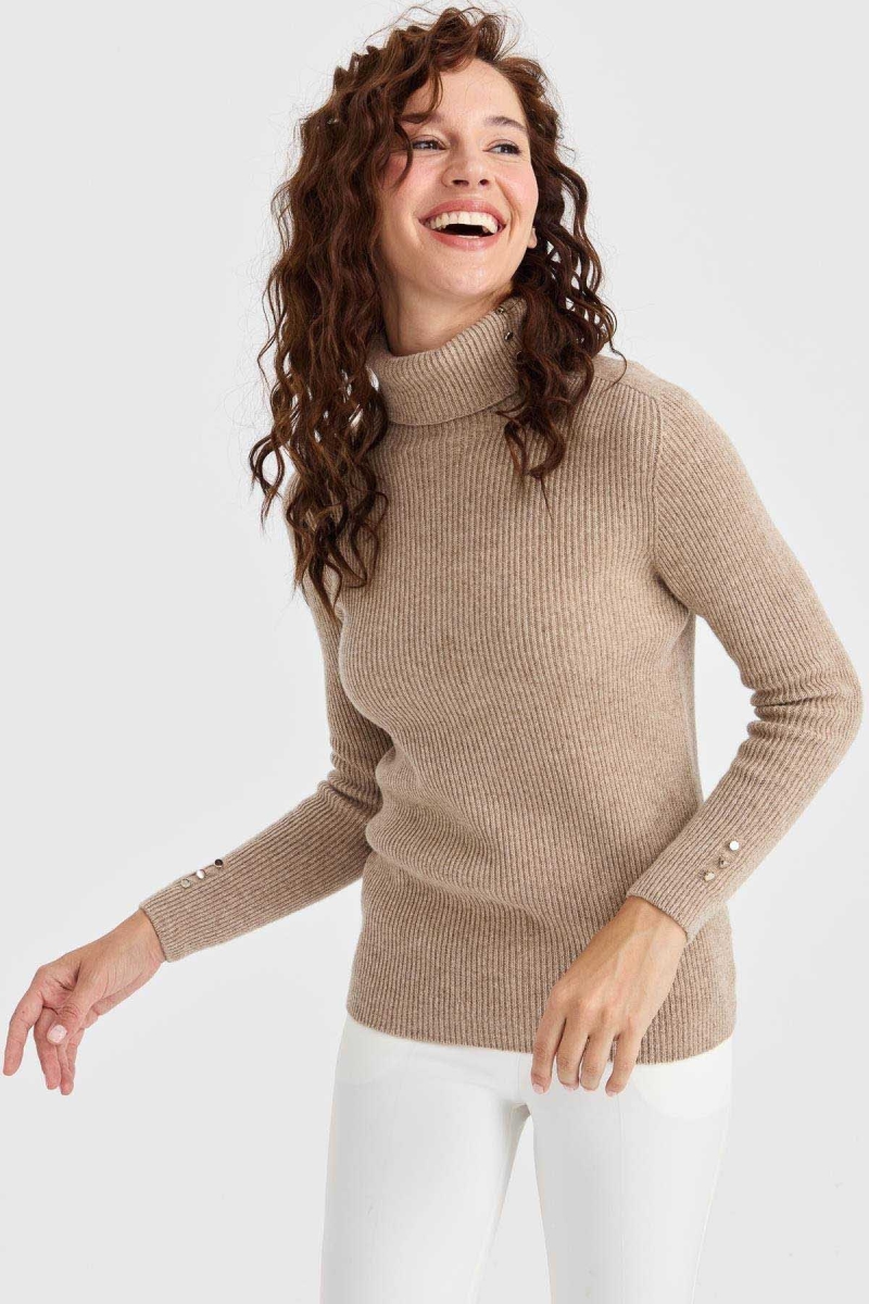 Desen Triko Kadın Tam Balıkçı Yaka Kol Ucu Düğmeli Yün Kazak 23159 K. Bej K. Bej