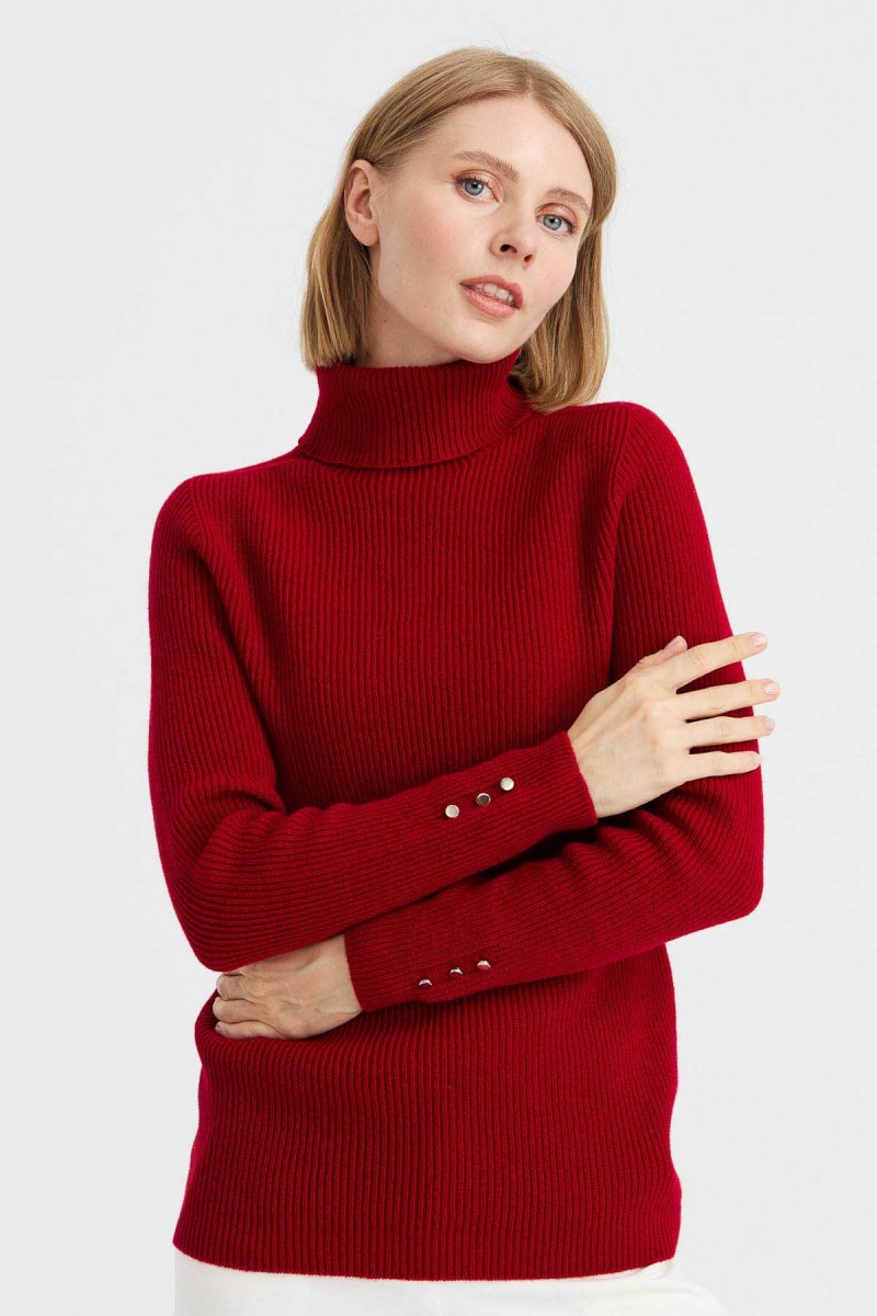 Desen Triko Kadın Tam Balıkçı Yaka Kol Ucu Düğmeli Yün Kazak 23159 K.Kırmızı K.KIRMIZI