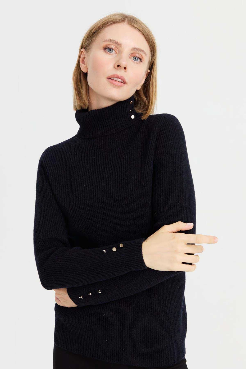 Desen Triko Kadın Tam Balıkçı Yaka Kol Ucu Düğmeli Yün Kazak 23159 Koyu Lacivert Koyu Lacivert