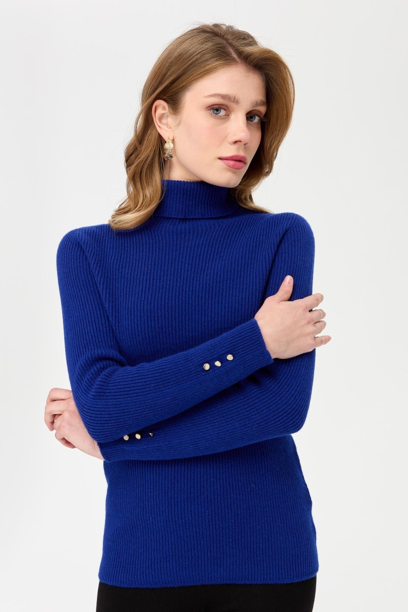 Desen Triko Kadın Tam Balıkçı Yaka Kol Ucu Düğmeli Yün Kazak 23159 K.S. Mavi K.S. MAVİ