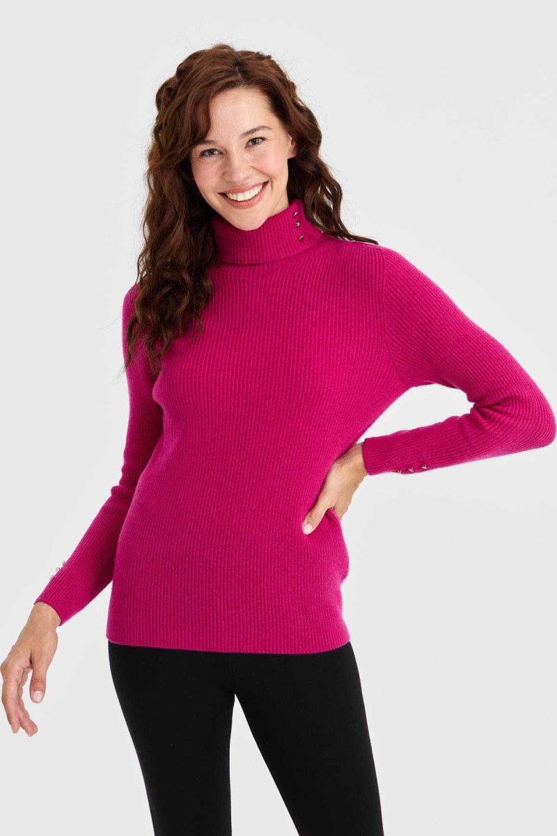 Desen Triko Kadın Tam Balıkçı Yaka Kol Ucu Düğmeli Yün Kazak 23159 Sıklamen SIKLAMEN